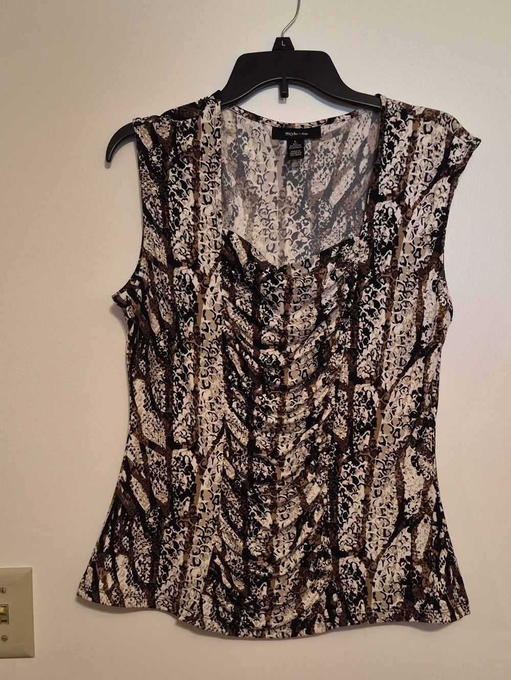 Style & Co. Sleeveless Ruched Animal Print Tank Top - Black, Brown, Cream SZ L